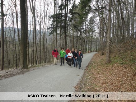 ASKÖ Nordic Walking am 6.4.2011: Der Weg führte uns v. Proisl-Denkmal über den Traisensteg - Radweg zur Eisenbahnbrücke - in der Au entlang der Gölsen bis zur Köckbrücke - unter der Hainfelderstraße durch Richtung Wiesenbach -Traisenort - hinauf zum Wiegenhof - über Buchersreith zur Fam. Rauchenberger. Nach einer kurzen Rast  gings wieder zurück ins Tal, zum Bahnhof und über den Radweg zurück zum Ausgangspunkt.