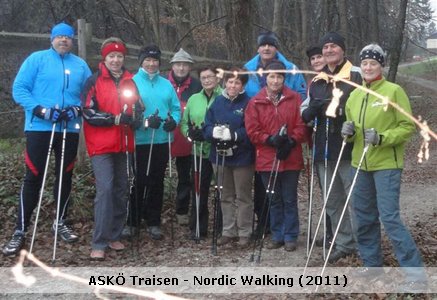 23.11.2011 Unsere heutige NW-Tour starten wir wie immer beim Proisl-Denkmal. Sie führt uns am Radweg zum Bahnhof, wir überqueren die Hainfelderstr., walken den Wieserberg hinauf bis zum Topf, dort zweigen wir links ab Richtung Holzer, weiter nach Traisen Ort. Beim Wagner-Löffler überqueren wir die Hainfelder-Bundesstraße, gehen Richtung Schwarzenbach am Teich vorbei nach St.Veit. Dort zum Bahnhof, Möbel-Pommer, Lagerhaus und am Radweg zum Gasthaus Sigl wo wir den Abend gemütlich ausklingen lassen.